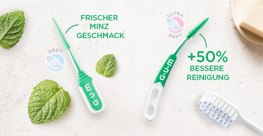 GUM Interdentalbürsten, darunter COMFORT FLEX MINT mit Minzblättern und die neuen SOFT-PICKS PRO mit ultraweichen Borsten, die einer Pflaume ähneln