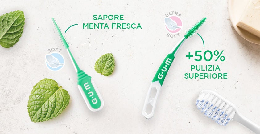 Spazzolini interdentali GUM, tra cui COMFORT FLEX MINT con foglie di menta e il nuovo SOFT-PICKS PRO con setole ultra morbide simili a una prugna