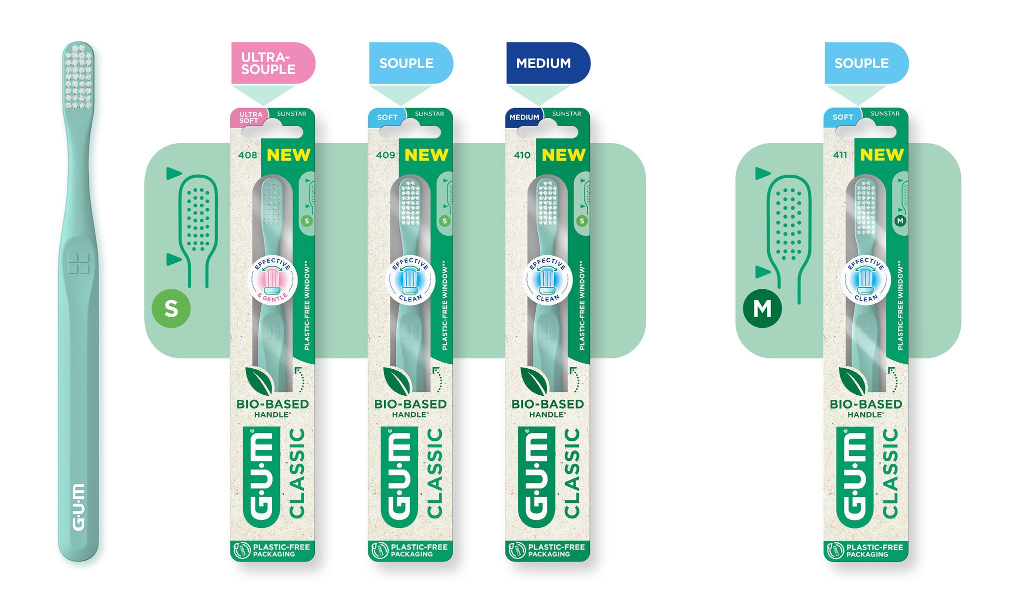 New GUM Classic toothbrush in green, naked product and with packaging