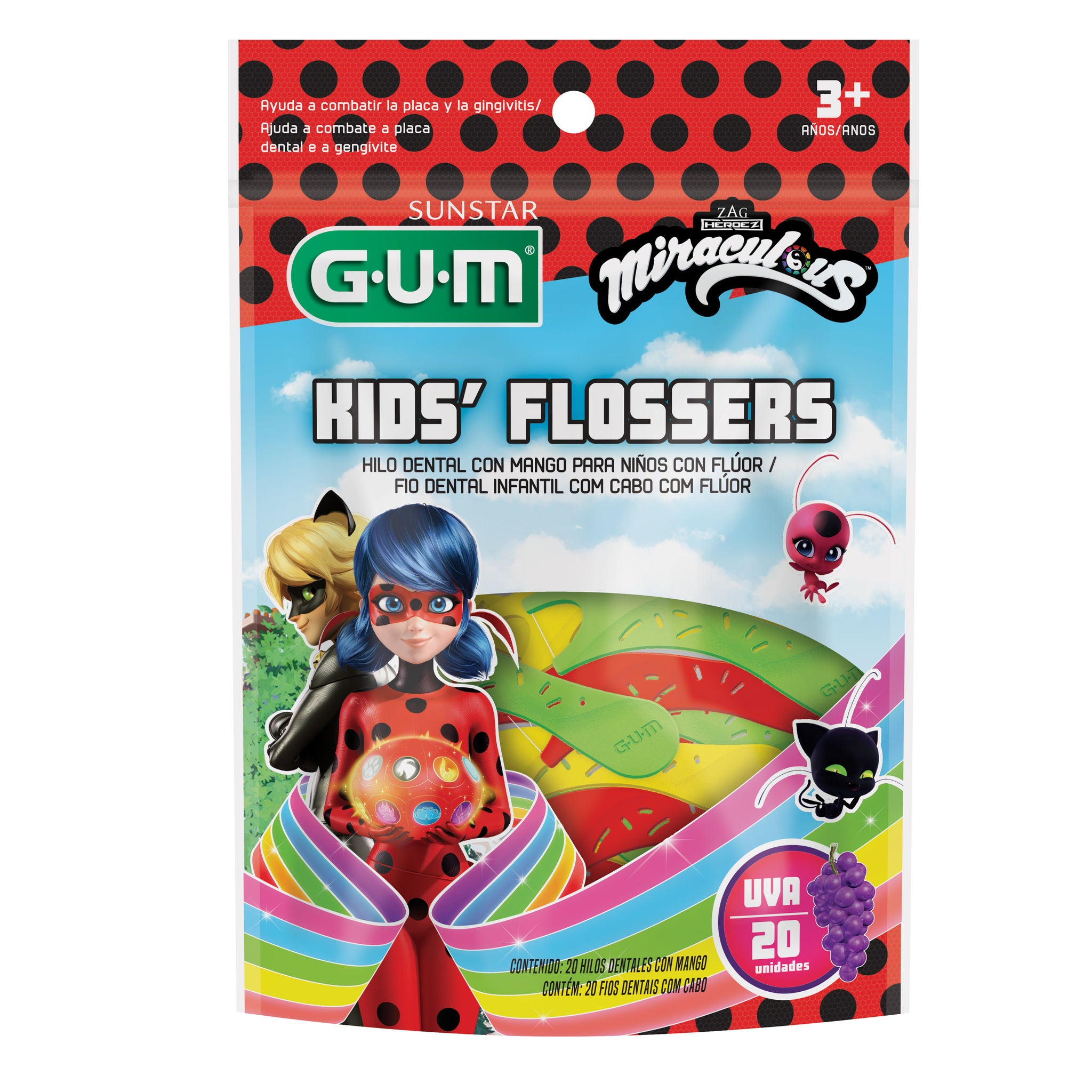 GUM MIRACULOUS LADYBUG Hilo dental con mango para ninos / Flosser 20u.