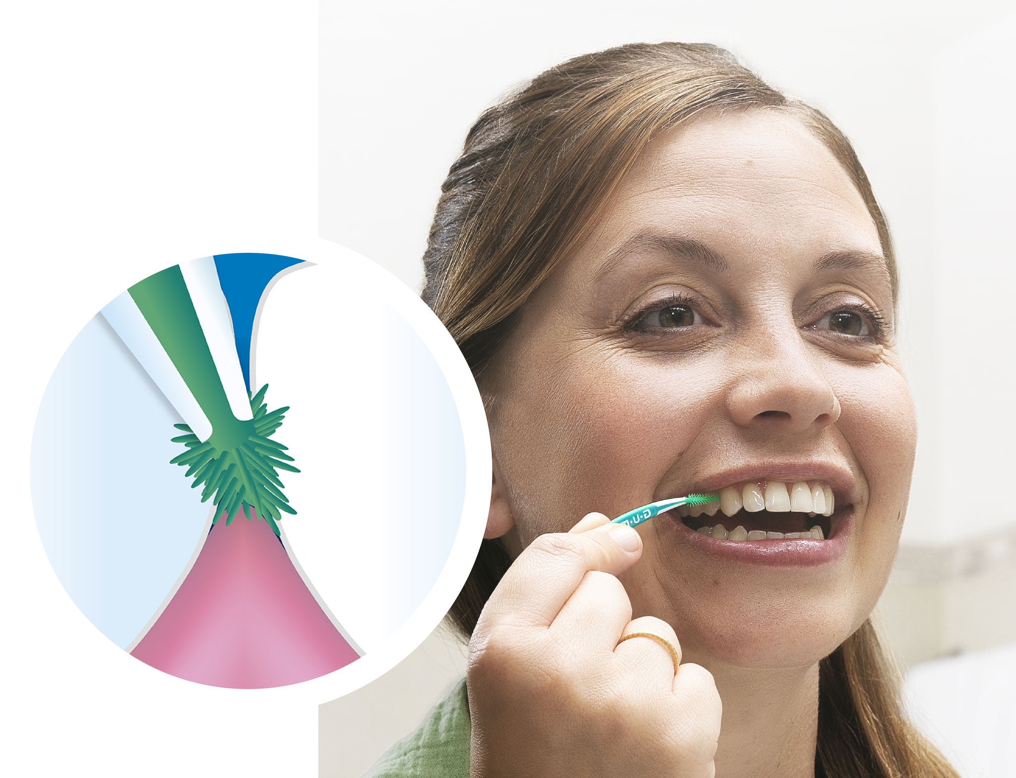 Smiling woman is cleaning between teeth with the GUM SOFT-PICKS PRO interdental brush