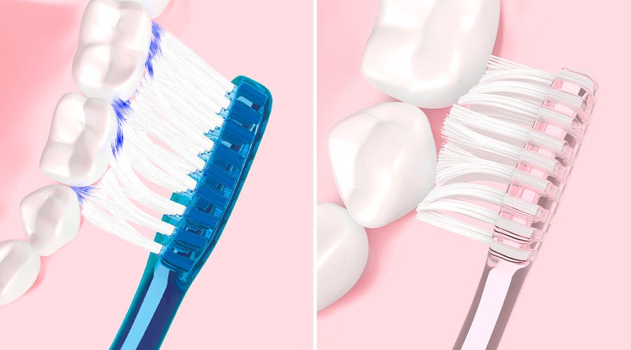 GUM PRO toothbrush on the left compared to the standard toothbrush while cleaning in-between teeth