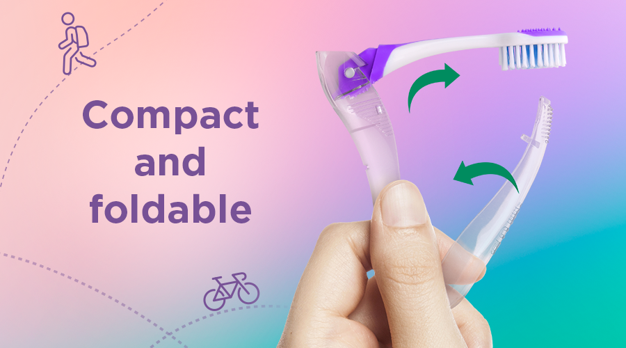 GUM TRAVEL ORTHO toothbrush is being held by a hand and it's foldable