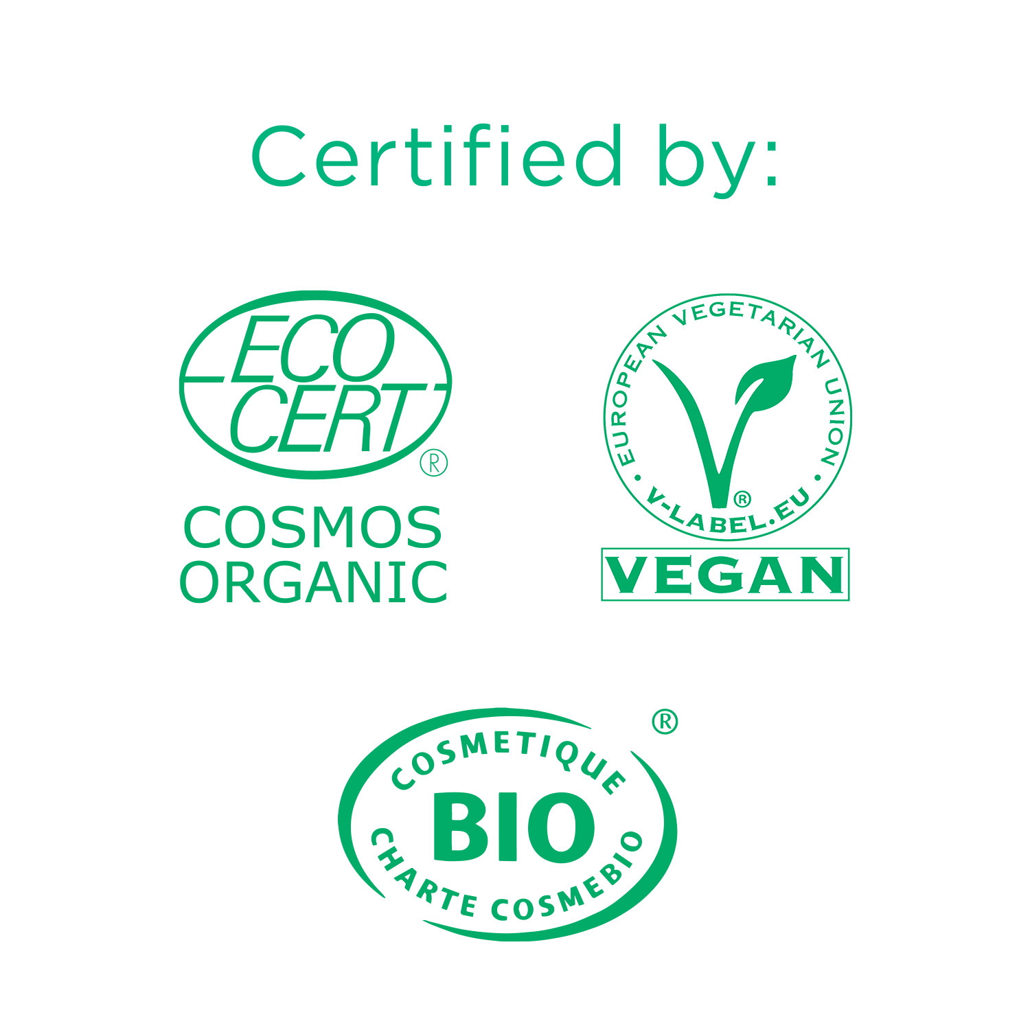 Cerca certificazioni biologiche come: Cosmetique Charte Cosmebio, EcoCert, Vegan European Vegeterian Union