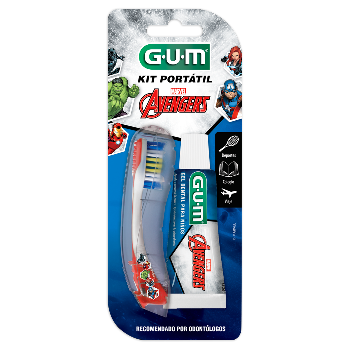 GUM Kit Viajero: Cepillo portátil Avengers para niños + pasta