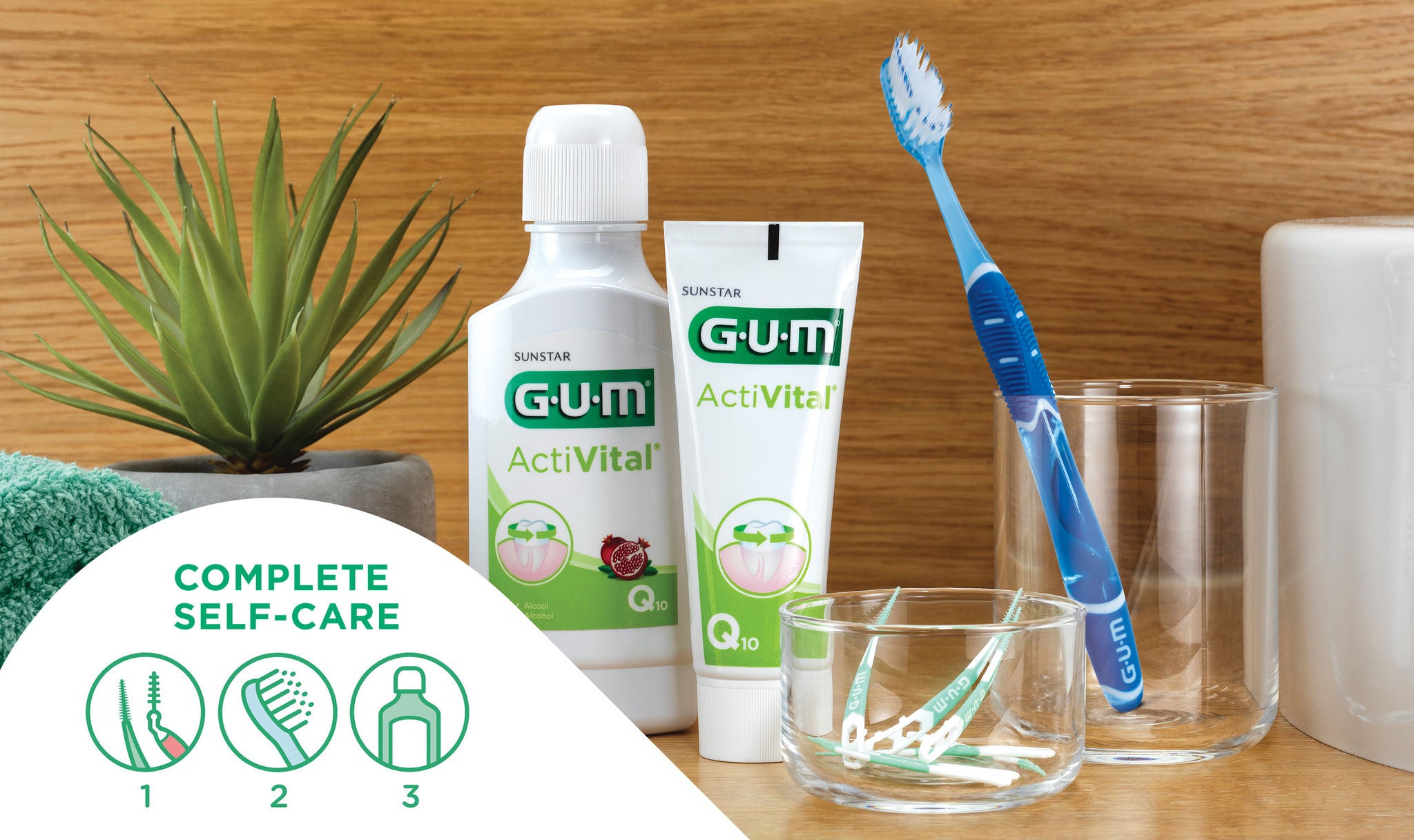 Eine komplette Selbstpflege mit der neuen GUM PRO Zahnbürste und dem ActiVital-Sortiment