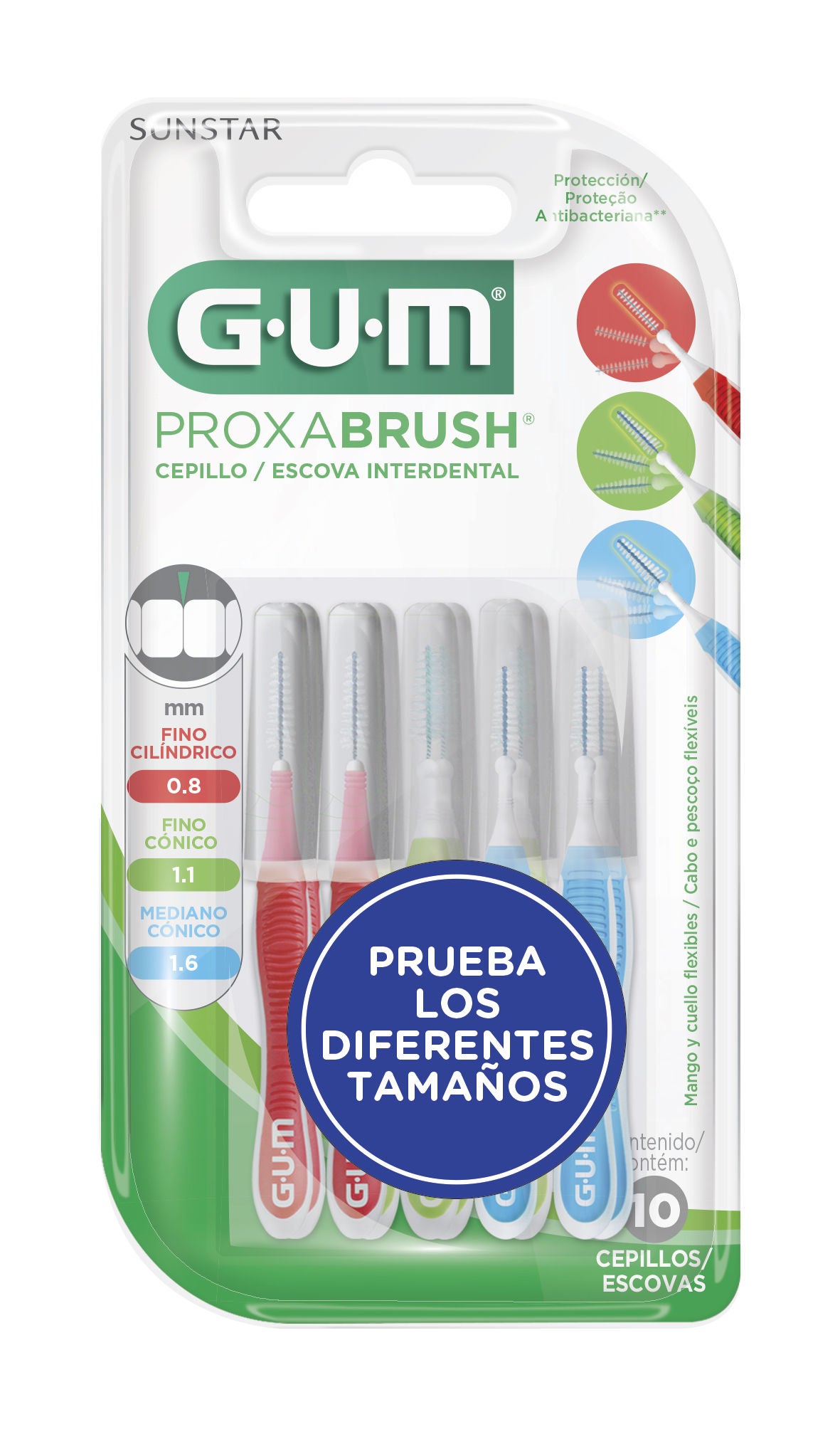 GUM PROXABRUSH Cepillos Interdentales Diferentes Tamanos 10u.