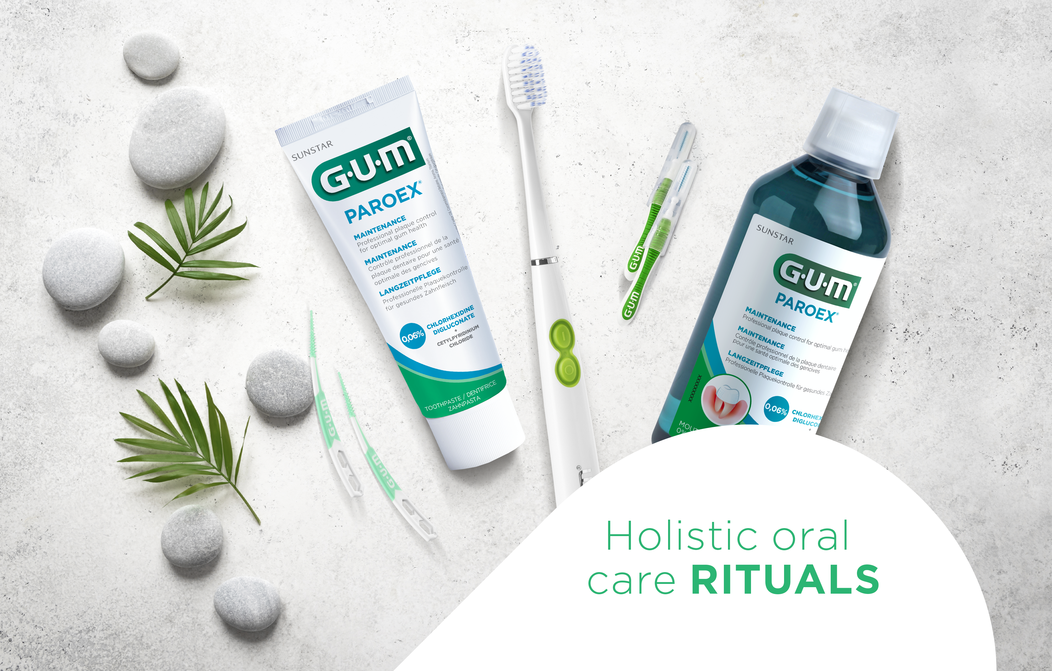 GUM SOFT-PICKS Interdental brushes, GUM TRAV-LER, GUM SONIC Daily toothbrush, GUM PAROEX Maintenance Toothpaste and GUM Mouthwash