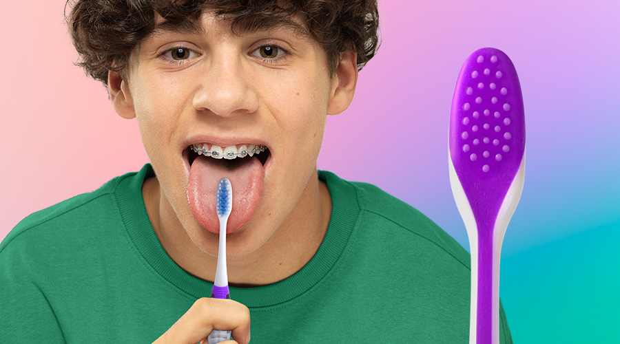 Teenager is using GUM TRAVEL ORTHO toothbrush with tongue cleaner