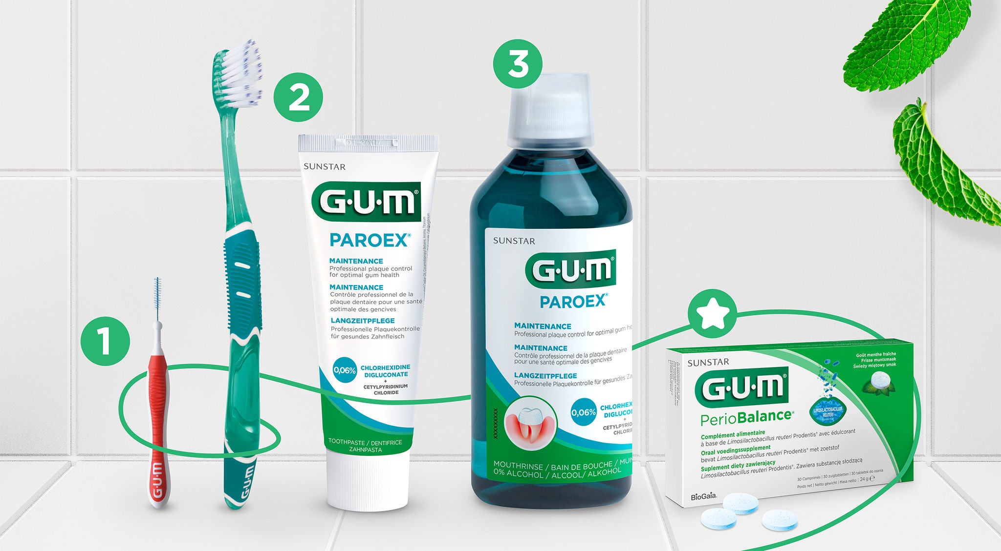 A complete self care with the GUM TRAV-LER interdental brushl, GUM PRO soft manual toothbrush and GUM PAROEX Maintenance toothpaste, GUM PAROEX Maintenance Mouthwash, GUM PerioBalance 