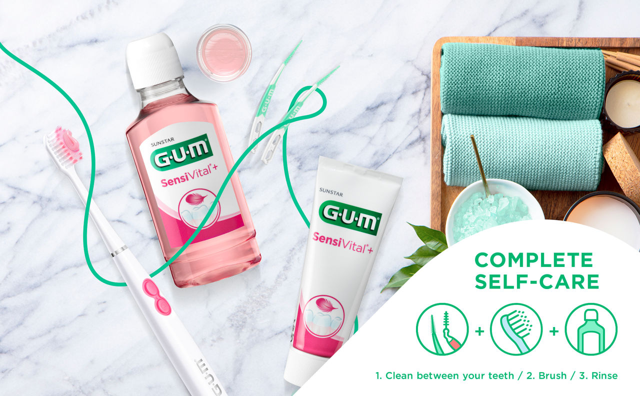 Complete self-care with 3 steps: GUM SONIC Sensitive Toothbrush, GUM SensiVital+ toothpaste and the GUM SensiVital Mouthrinse